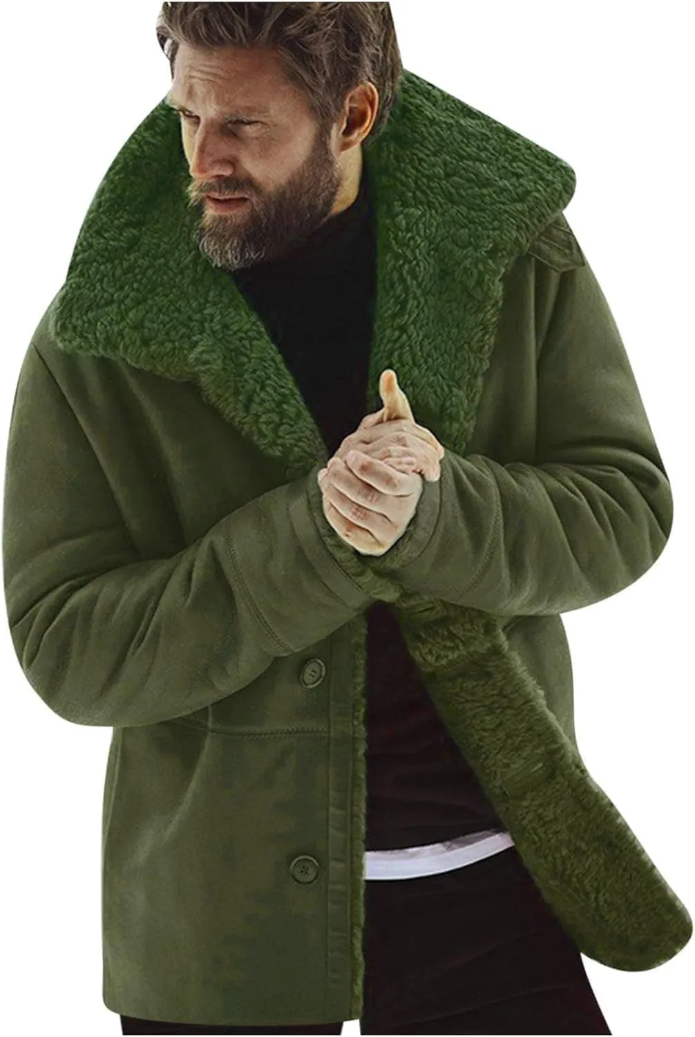 Men's Sherpa-Lined Trench Coat Big & Tall Winter Warm Button-Down Fur Collar Overcoat