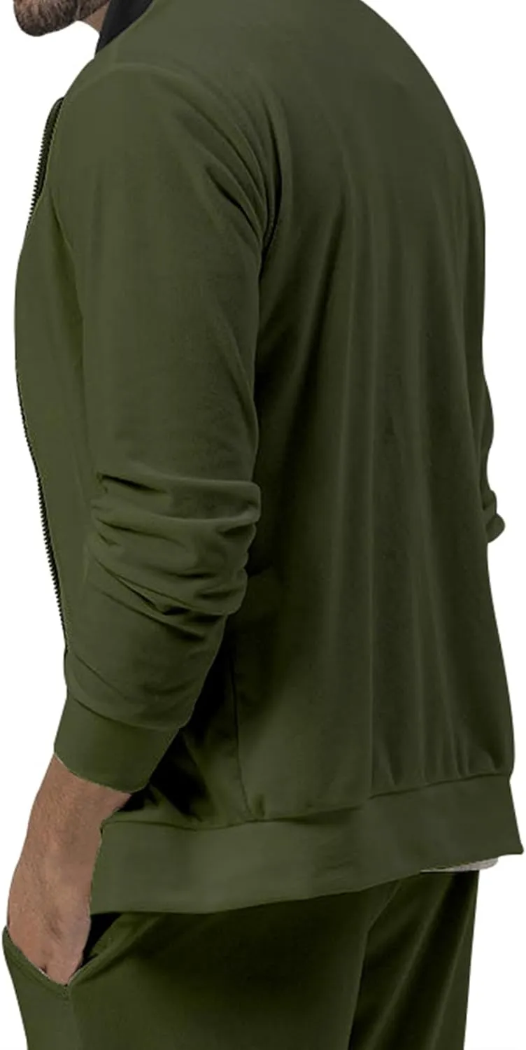 Mens Two Piece Sportswear Set, Stylish Solid Color Stand Collar Cotton Top and Matching Pants, for Fitness, Jogging