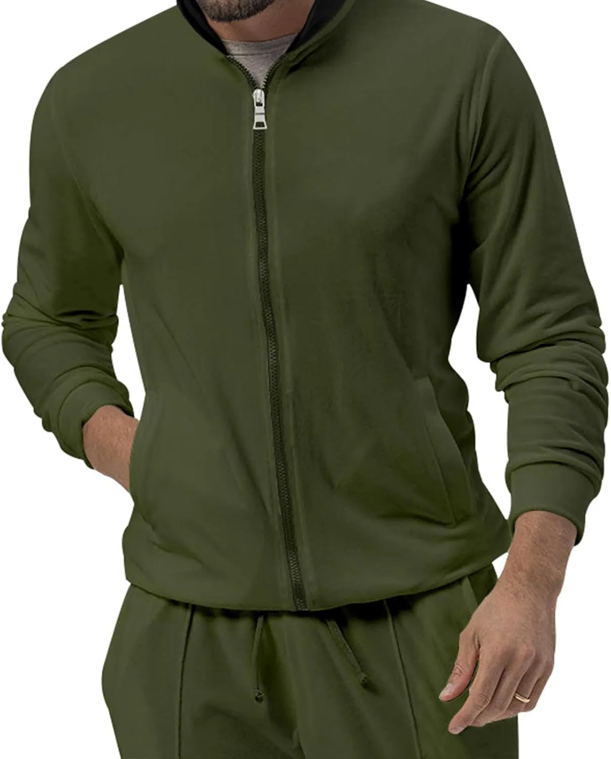 Mens Two Piece Sportswear Set, Stylish Solid Color Stand Collar Cotton Top and Matching Pants, for Fitness, Jogging
