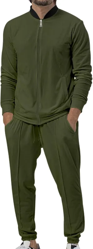 Mens Two Piece Sportswear Set, Stylish Solid Color Stand Collar Cotton Top and Matching Pants, for Fitness, Jogging