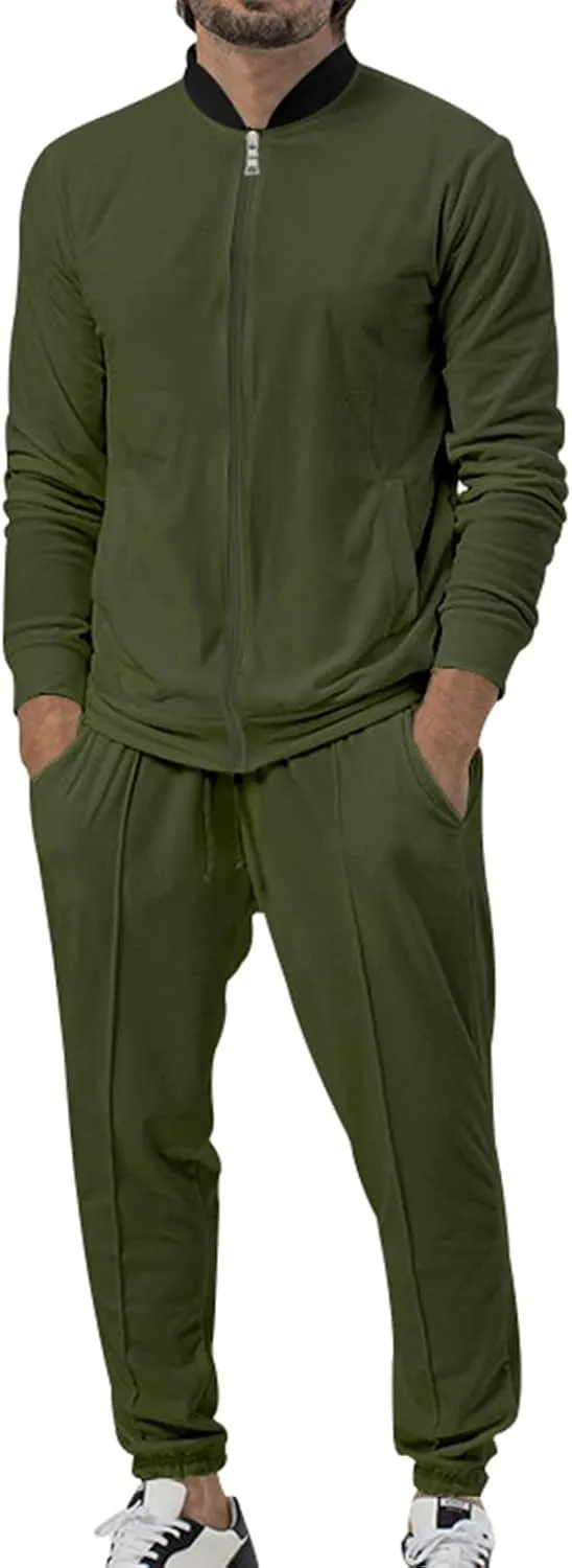 Mens Two Piece Sportswear Set, Stylish Solid Color Stand Collar Cotton Top and Matching Pants, for Fitness, Jogging