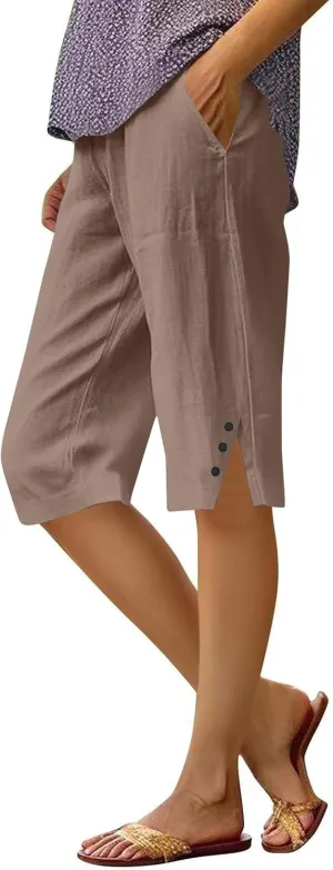 Pedal Pushers for Women 2025 Beach Vacation Wide Leg Capri Pants Loose Comfy High Waisted Short Pants with Pockets