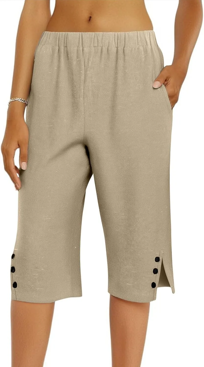 Pedal Pushers for Women Cropped Straight Leg Linen Capri Pants Side Split Casual Summer Cover Up Pants with Pockets