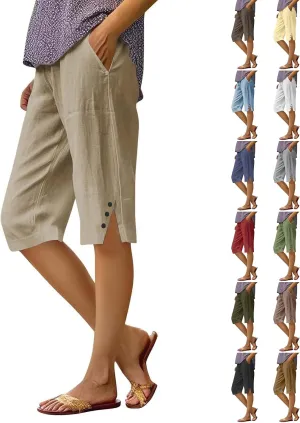 Pedal Pushers for Women Cropped Straight Leg Linen Capri Pants Side Split Casual Summer Cover Up Pants with Pockets