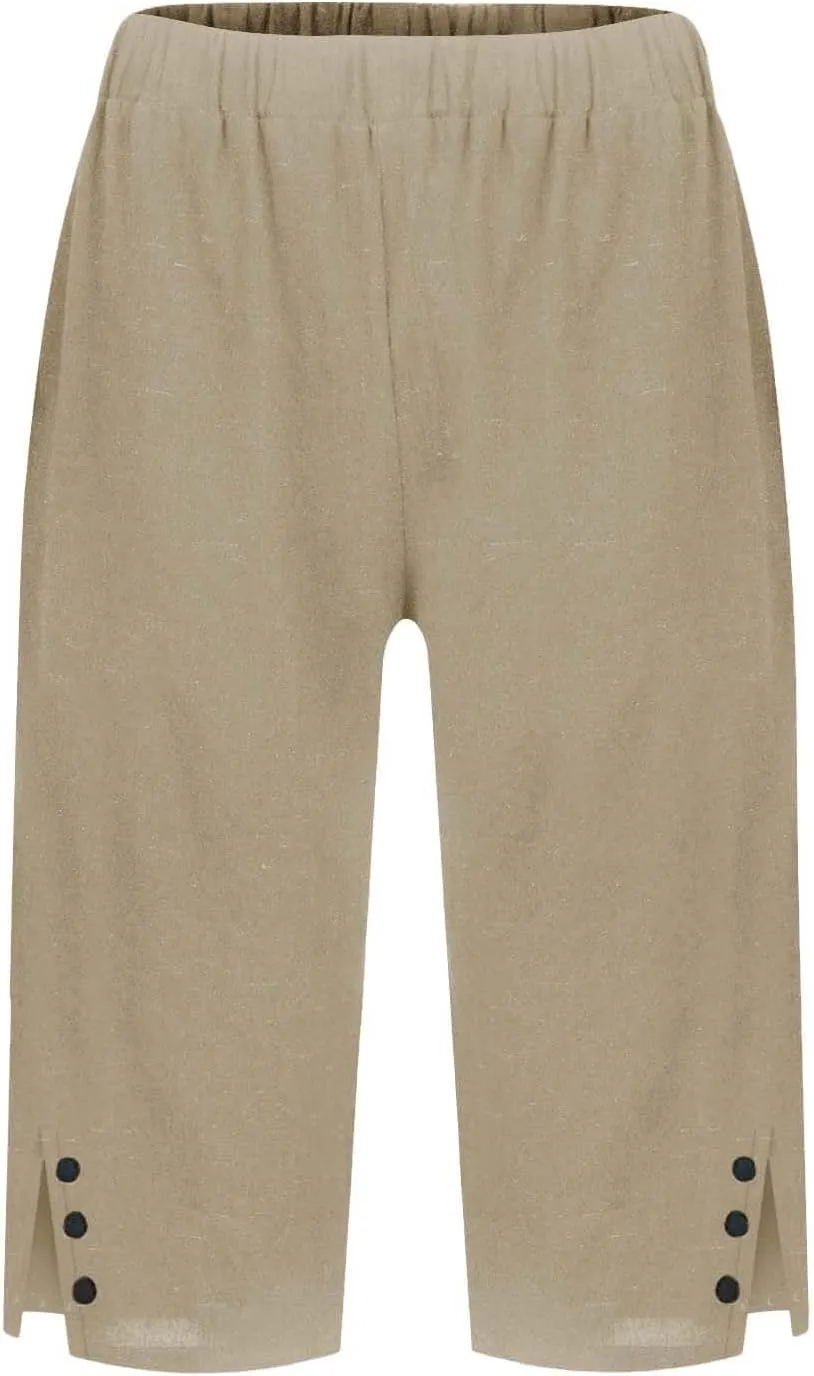 Pedal Pushers for Women Cropped Straight Leg Linen Capri Pants Side Split Casual Summer Cover Up Pants with Pockets