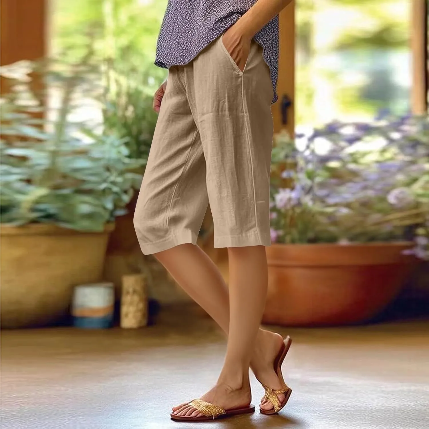 Pedal Pushers for Women Elastic Wasit Linen Shorts Summer Boho Lightweight Baggy Cropped Capris Pants with Pockets