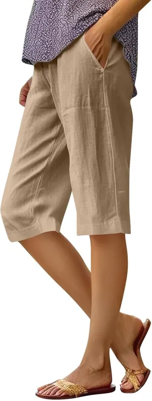 Pedal Pushers for Women Elastic Wasit Linen Shorts Summer Boho Lightweight Baggy Cropped Capris Pants with Pockets