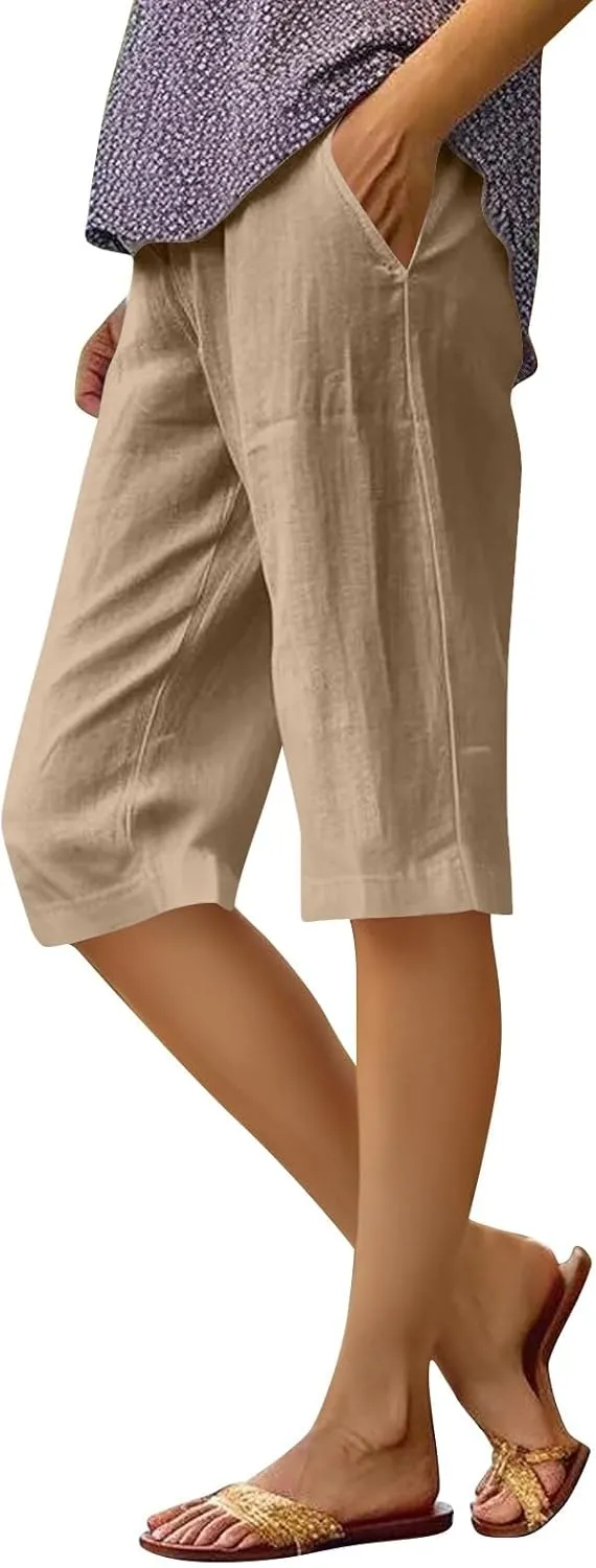 Pedal Pushers for Women Elastic Wasit Linen Shorts Summer Boho Lightweight Baggy Cropped Capris Pants with Pockets