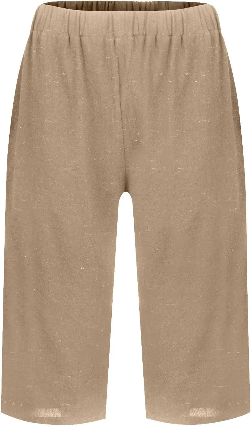 Pedal Pushers for Women Elastic Wasit Linen Shorts Summer Boho Lightweight Baggy Cropped Capris Pants with Pockets