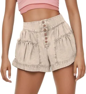 Pleated Ruffle Denim Shorts for Women Buttons Casual Summer High Waisted Wide Leg Jean Shorts Streetwear Hot Shorts