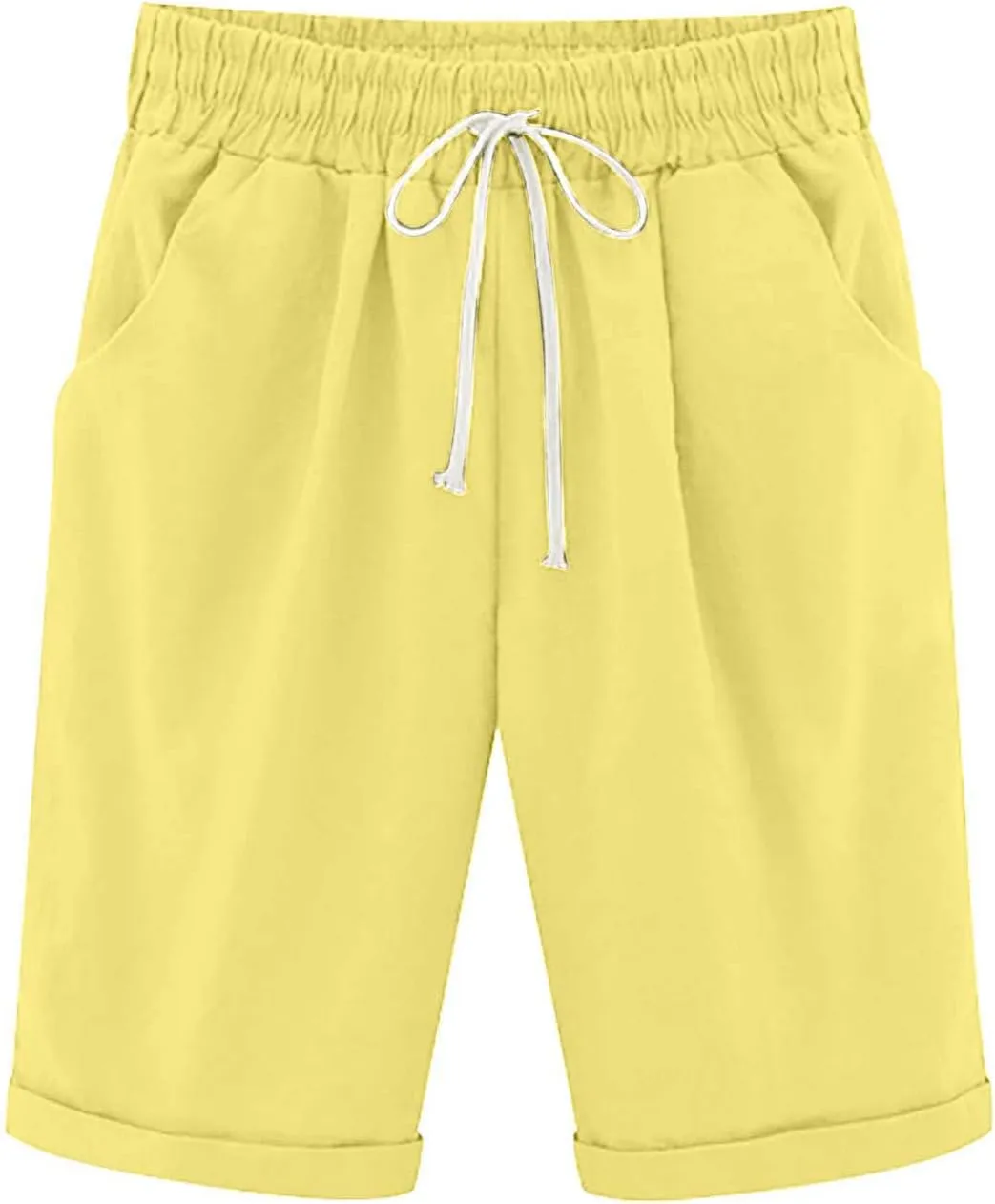 Qeaghou Bermuda Shorts for Women Knee Length Cotton Linen Casual Shorts Drawstring High Waisted Shorts Jogger Athletic Shorts