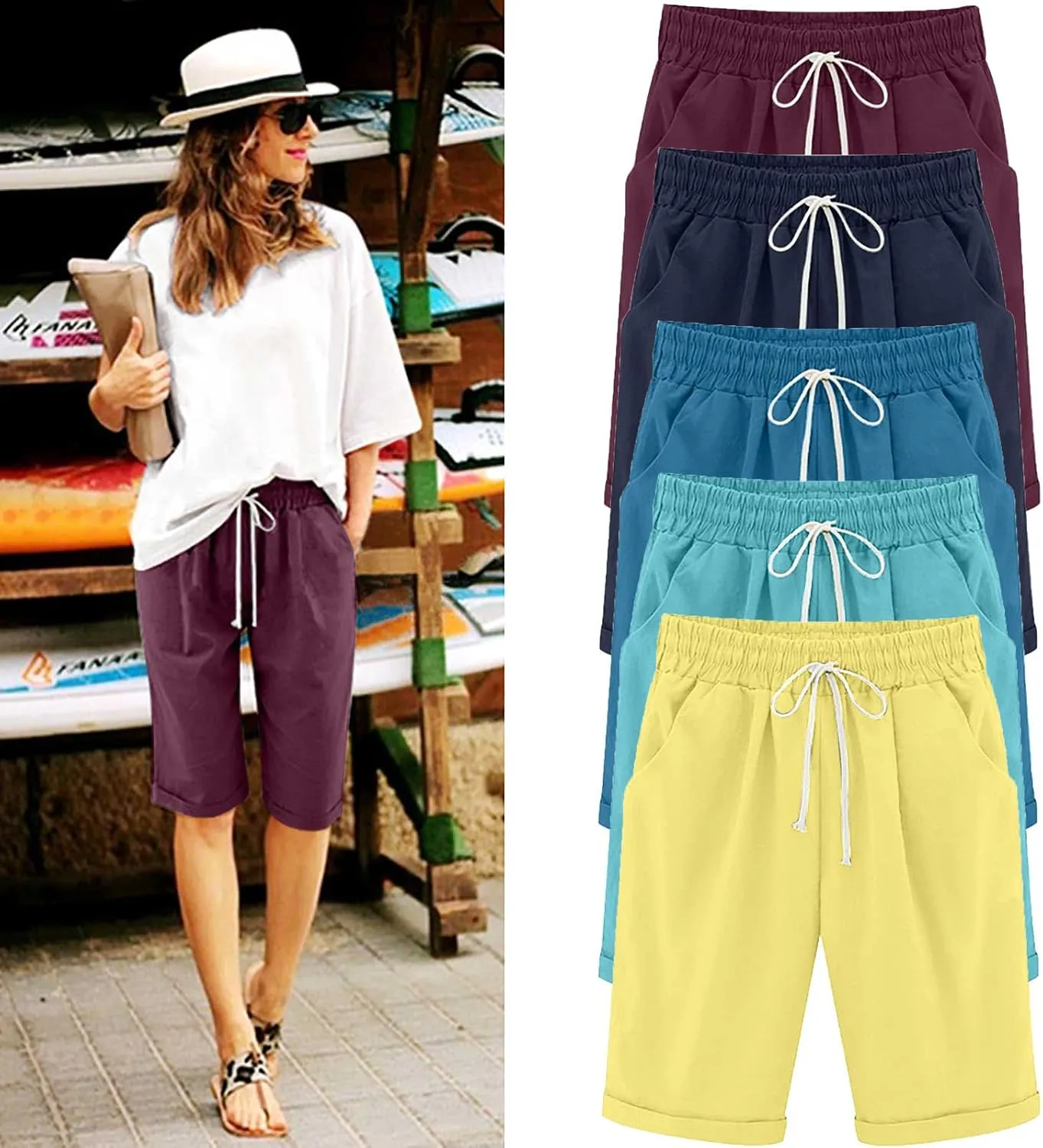 Qeaghou Bermuda Shorts for Women Knee Length Cotton Linen Casual Shorts Drawstring High Waisted Shorts Jogger Athletic Shorts