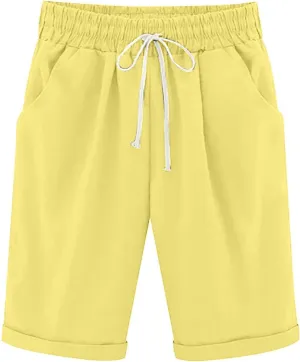 Qeaghou Bermuda Shorts for Women Knee Length Cotton Linen Casual Shorts Drawstring High Waisted Shorts Jogger Athletic Shorts