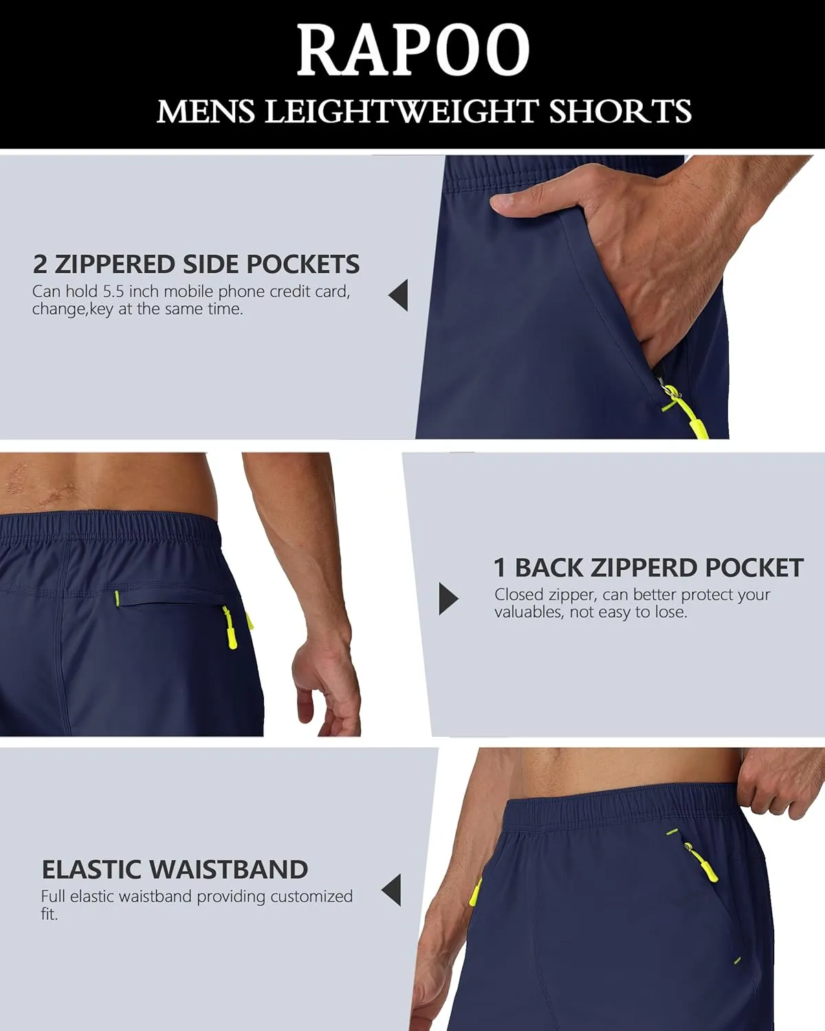 Rapoo Men's Athletic Shorts 7 Inch Inseam Water Resistant Lightweight Quick Dry Workout Shorts with Zipper Pockets