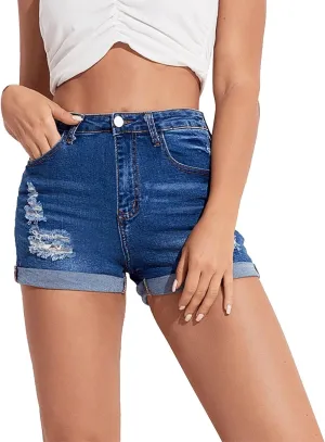 Ripped Denim Shorts for Women Low Rise Stretchy Plain Color Fashionable Distressed Jean Shorts Folded Hem Hot Shorts