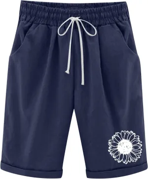 Rvidbe Cotton Bermuda Shorts for Women Drawstring Elastic Waist Cotton Linen Shorts Workout Lounge Shorts with Pockets Bermuda Shorts for Women Knee Length High Waisted Shorts Women