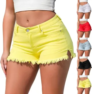 Stretchy Jean Shorts for Women Frayed Raw Hemline Ripped Denim Shorts Side Slit Tummy Control Low Rise Mini Shorts