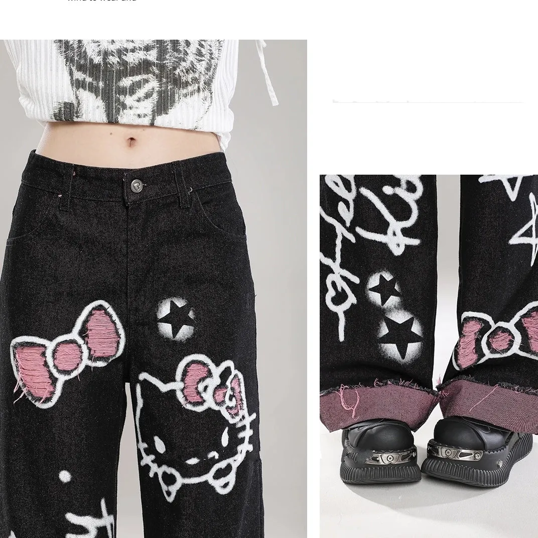 Sweet Cool Girl Style Black Hello Kitty Graffiti Print Jeans