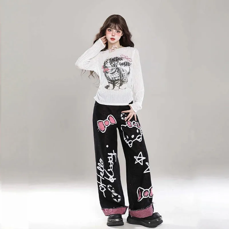 Sweet Cool Girl Style Black Hello Kitty Graffiti Print Jeans