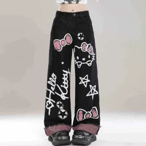 Sweet Cool Girl Style Black Hello Kitty Graffiti Print Jeans