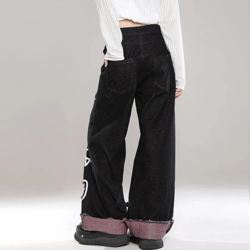Sweet Cool Girl Style Black Hello Kitty Graffiti Print Jeans