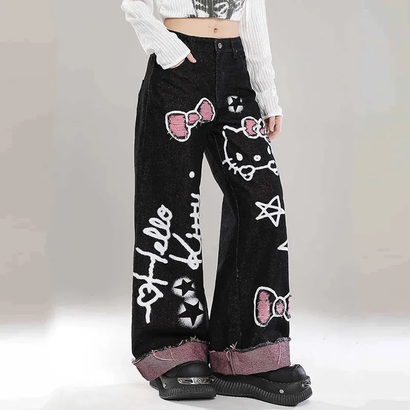 Sweet Cool Girl Style Black Hello Kitty Graffiti Print Jeans