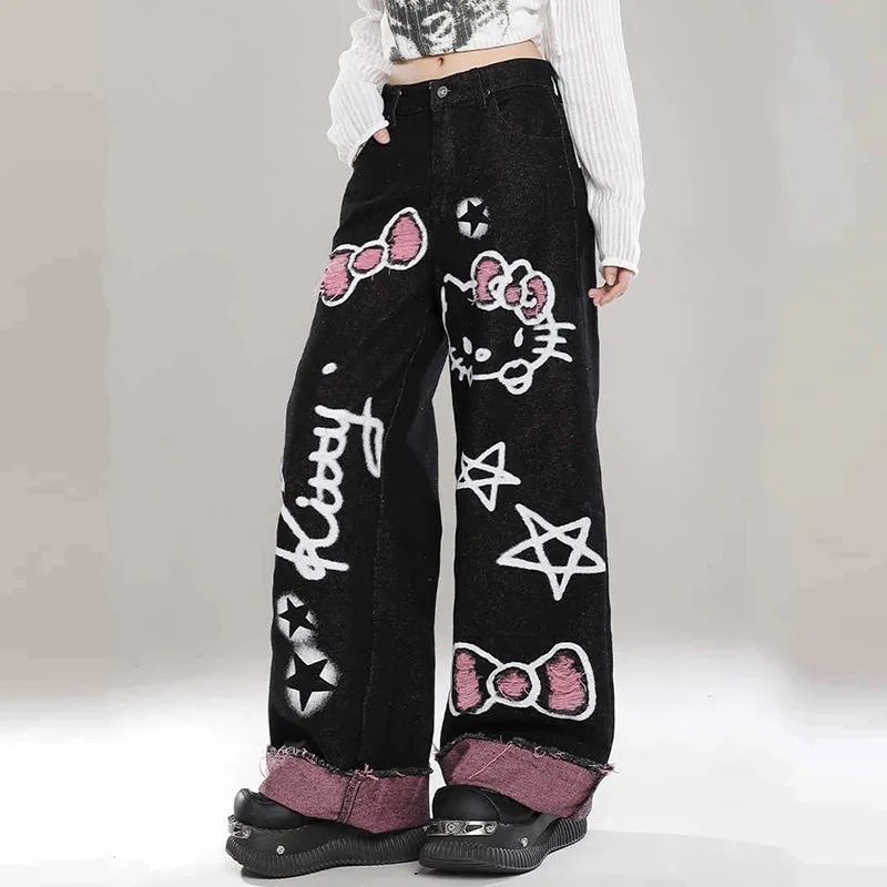 Sweet Cool Girl Style Black Hello Kitty Graffiti Print Jeans