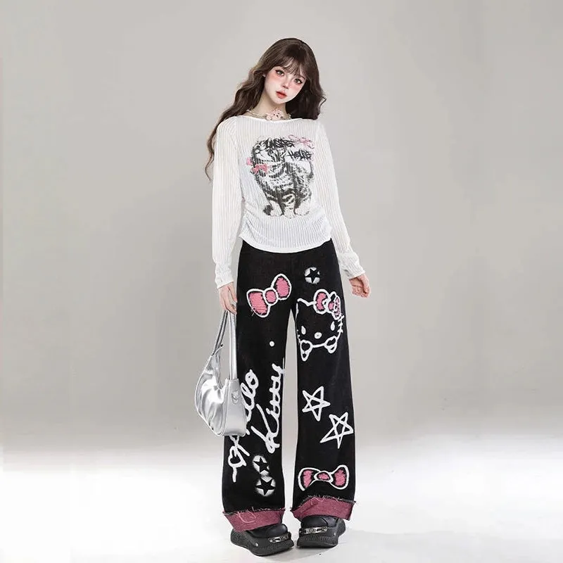 Sweet Cool Girl Style Black Hello Kitty Graffiti Print Jeans