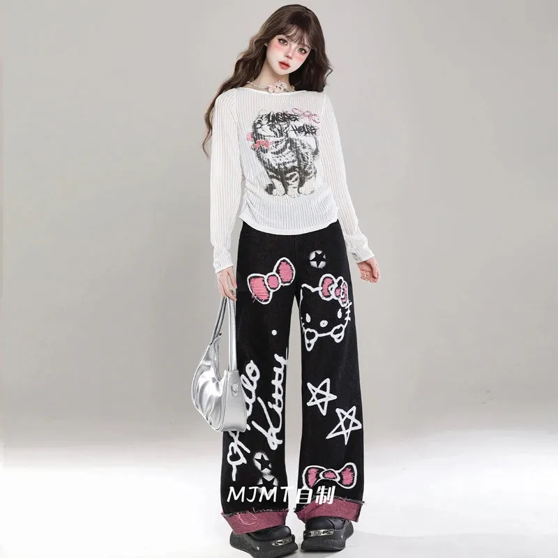 Sweet Cool Girl Style Black Hello Kitty Graffiti Print Jeans