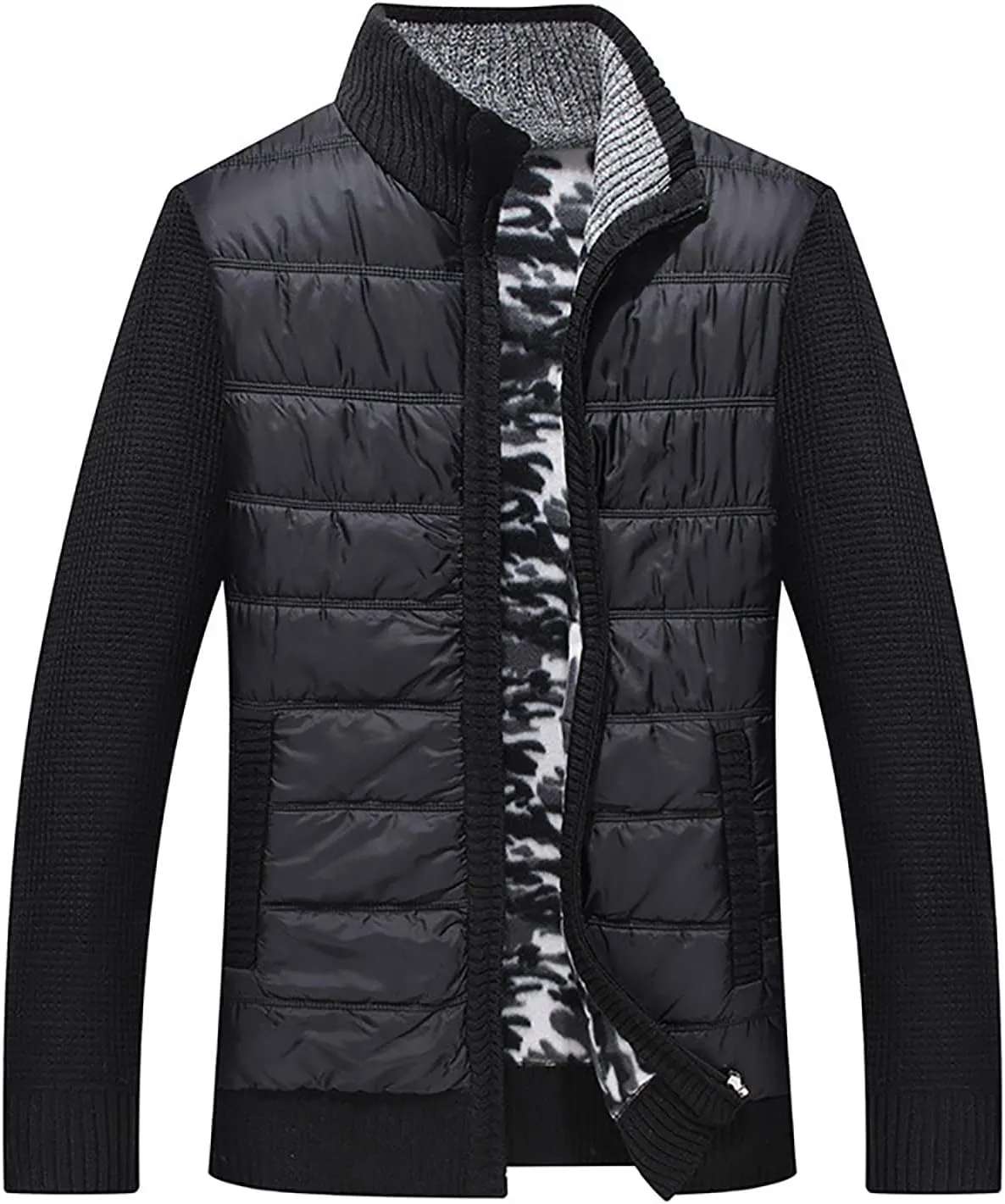 tuduoms Men's Thermal Chunky Knit Sweaters Stand Collar Full Zip Cardigan Jacket Thick Fleece Lined Cotton Padded Overcoats