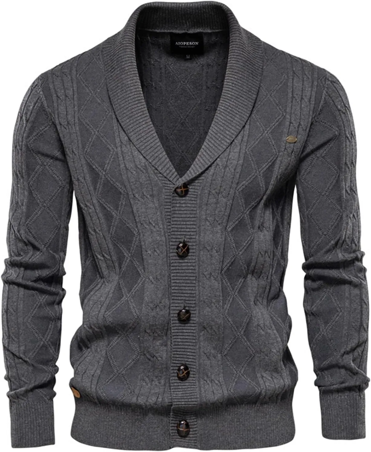 Wankang Men's Casual Long Sleeve Cardigan Sweaters Shawl Collar Button Down Cable Knit Cardigan Sweater with Pockets for Men