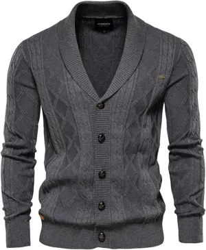Wankang Men's Casual Long Sleeve Cardigan Sweaters Shawl Collar Button Down Cable Knit Cardigan Sweater with Pockets for Men