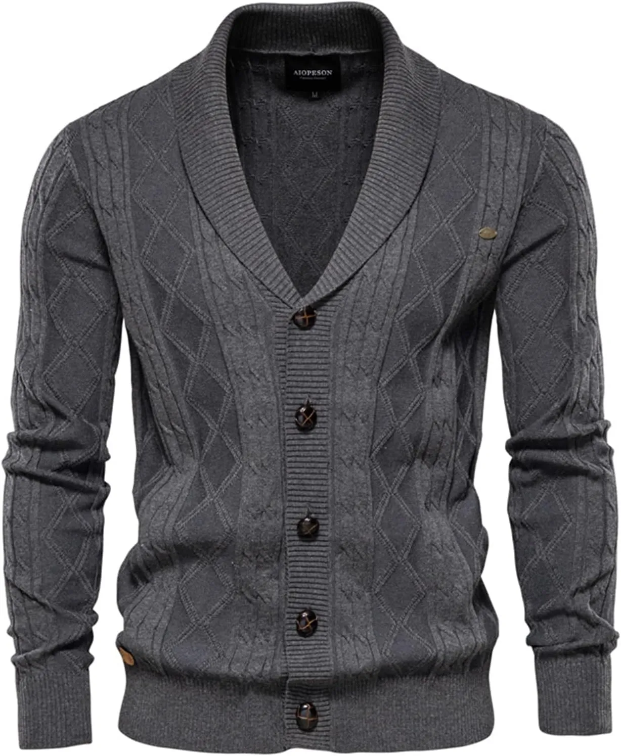 Wankang Men's Casual Long Sleeve Cardigan Sweaters Shawl Collar Button Down Cable Knit Cardigan Sweater with Pockets for Men