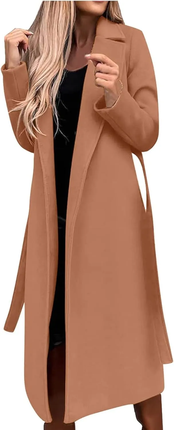 Winter Trench Coat for Women Long Wool Blend Pea Coat Casual Notched Lapel Collar Oversized Overcoat Jacket Outerwear
