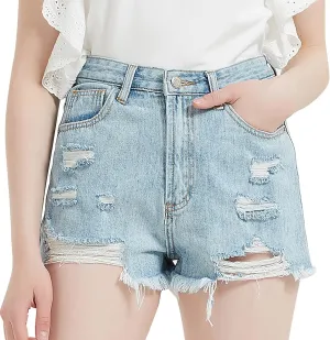 Womens Denim Shorts Stretchy High Waisted Ripped Cute Vintage Jean Shorts Pure Color Raw Hem Hot Shorts Summer Shorts for Teen Girls