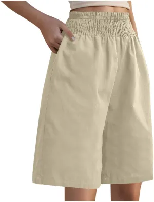 Womens High Waisted Shorts,Bermuda Shorts for Women, Wide Leg Knee Length Linen Causal Comfy Summer Pants with Pockets