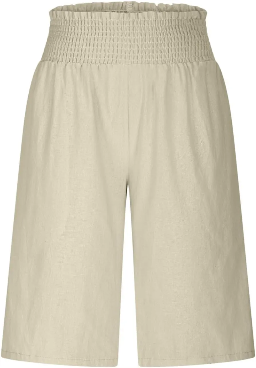 Womens High Waisted Shorts,Bermuda Shorts for Women, Wide Leg Knee Length Linen Causal Comfy Summer Pants with Pockets