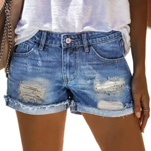 Womens Ripped Denim Shorts Mid Rise Stretchy Solid Casual Mom Jeans Shorts Rolled Up Hem Slim Shorts