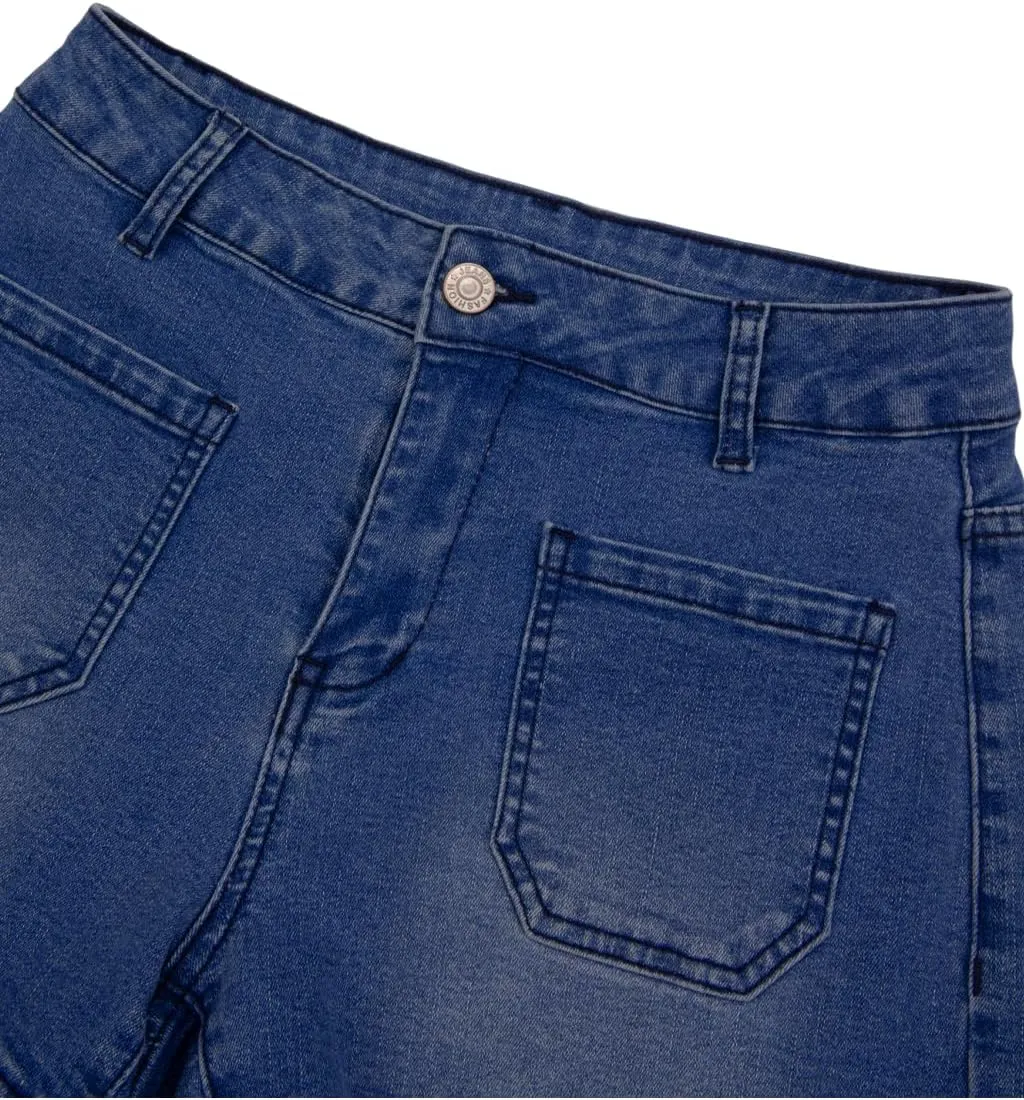 Women's Summer Mid Waisted Casual Jean Shorts Trendy Flat Pockets Cutoff Stretchy Denim Shorts