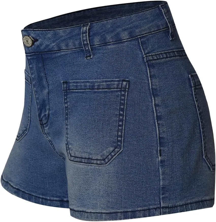 Women's Summer Mid Waisted Casual Jean Shorts Trendy Flat Pockets Cutoff Stretchy Denim Shorts
