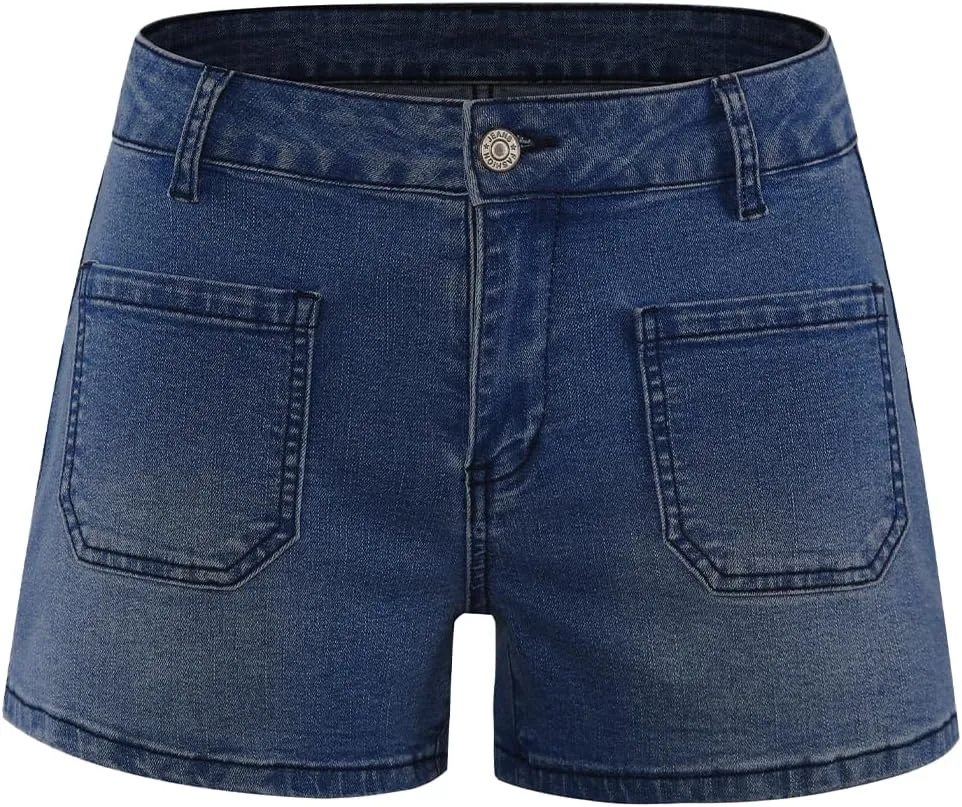 Women's Summer Mid Waisted Casual Jean Shorts Trendy Flat Pockets Cutoff Stretchy Denim Shorts