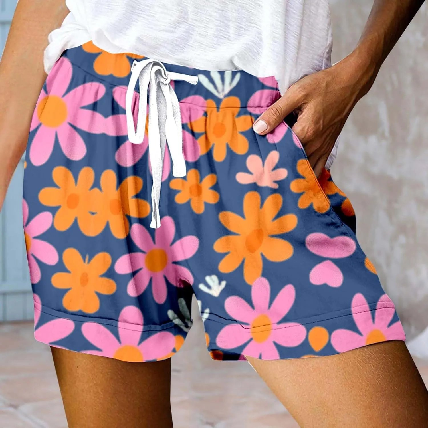 Womens Summer Shorts Beach Drawstring High Waisted Vocation Floral Print Shorts Casual Wide Leg Shorts with Pockets