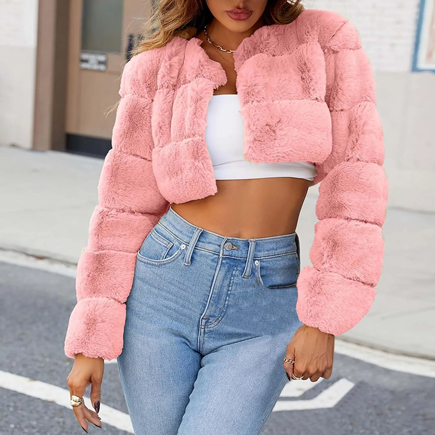 Women's Winter Plus Size Parka Overcoat Solid Long Sleeve Cropped Tops Faux Fur Coat Jacket