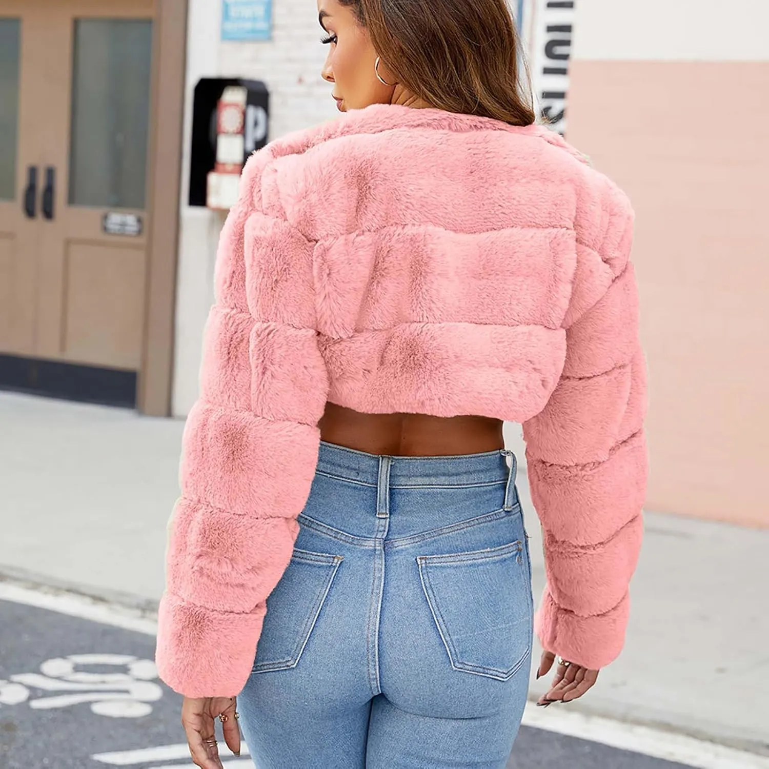 Women's Winter Plus Size Parka Overcoat Solid Long Sleeve Cropped Tops Faux Fur Coat Jacket