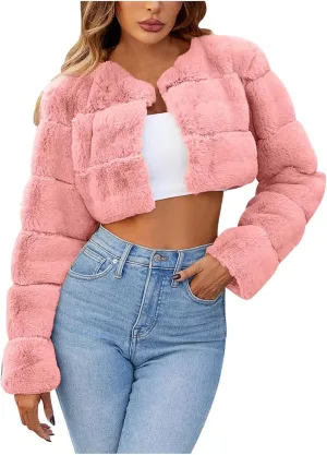 Women's Winter Plus Size Parka Overcoat Solid Long Sleeve Cropped Tops Faux Fur Coat Jacket